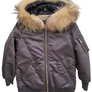 BURBERRY SATIN BOMBER JACKET WITH FUR TRIM HOOD